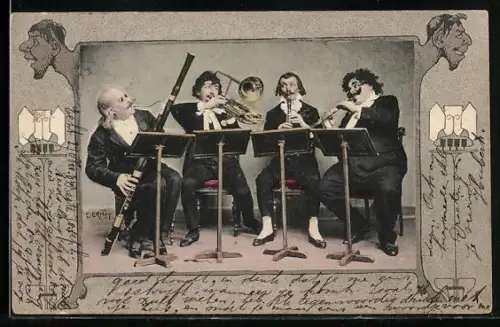 AK Vier Musiker mit Blasinstrumenten, Teufel, Passepartout