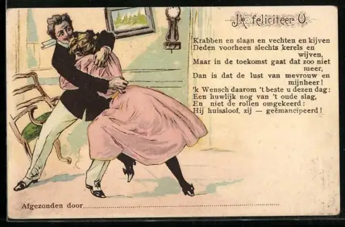 AK Eleganter Herr ergreift Frau, Erotik