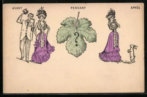 AK Elegantes Paar, Laubblatt, Frau mit Hasen, Erotik