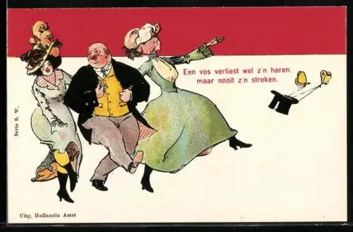 AK Dicker Mann tanzt mit zwei Frauen, Erotik