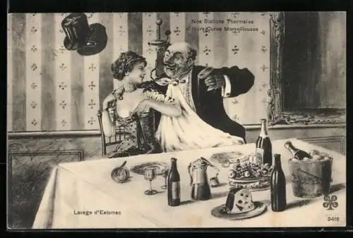 AK Älterer Herr trinkt mit junger Frau Sekt, Erotik