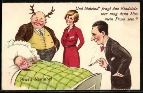 AK Familie bei Baby an der Wiege, Neujahrsgruss, Erotik