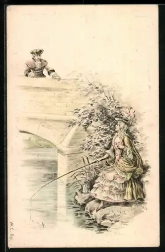 AK Frau beim Angeln schaut zu Herrn auf Brücke