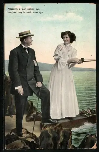 AK Frau beim Angeln mit elegantem Herrn