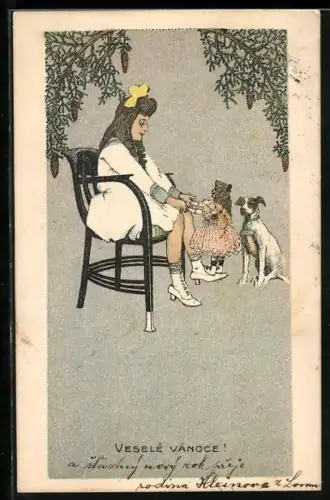 AK Junge Frau mit Puppe und Hund, Weihnachtsgruss