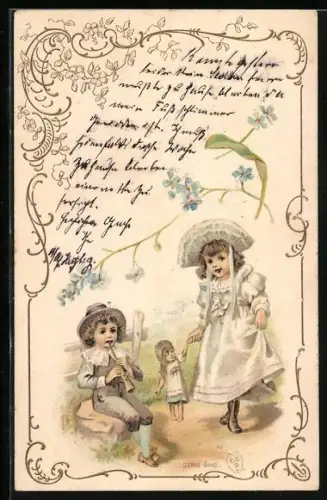 Präge-AK Junge mit Flöte und Mädchen mit Puppe