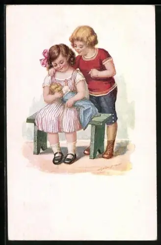 AK Kinderpaar mit Puppe an Bank