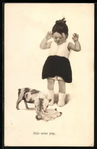 AK Mädchen mit Hund und Puppe