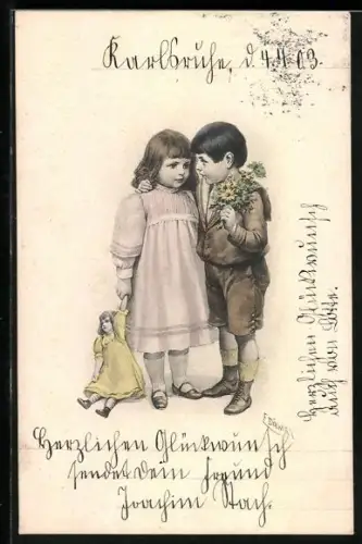 AK Kinderpaar mit einer Puppe