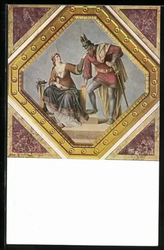 AK Nibelungen, Kriemhilde näht vor Hagen das Kreuzeszeichen auf Siegfrieds Gewand