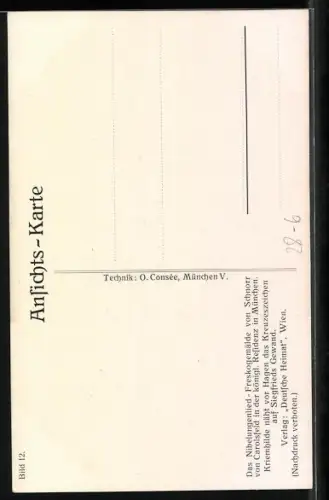 AK Nibelungen, Kriemhilde näht vor Hagen das Kreuzeszeichen auf Siegfrieds Gewand