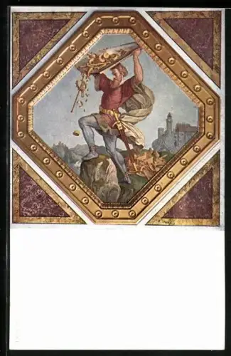 AK Szene aus den Nibelungen, Hagen versenkt den Nibelungenschatz in den Rhein