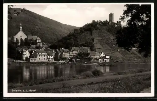 Lithographie Beilstein a. d. Mosel, Ortsansicht mit Kirche und Burgruine