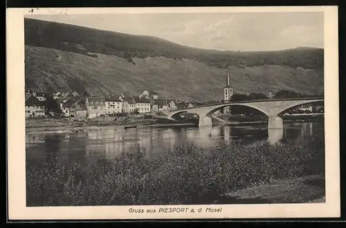 AK Piesport a. d. Mosel, Brücke und Ort, Kirche, Weinberge