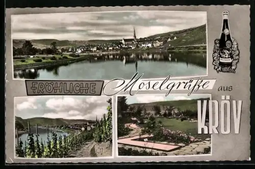 AK Kröv /Mosel, Ortspanorama, Weinstöcke, Gartenanlage