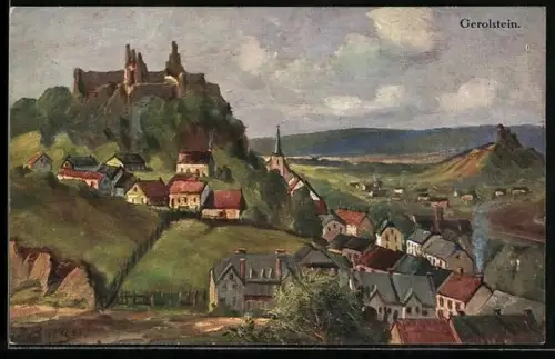 Künstler-AK Gerolstein, Ort mit Löwenburg u. Auberg