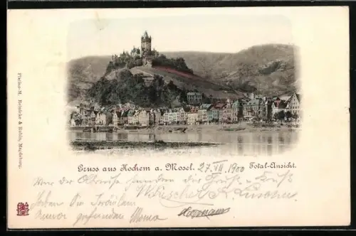 Lithographie Cochem a. Mosel, Total-Ansicht, Reichsburg