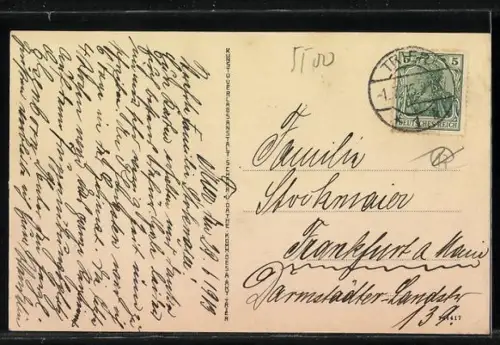 AK Trier, Totalansicht mit Mosel und Brücke aus der Vogelschau