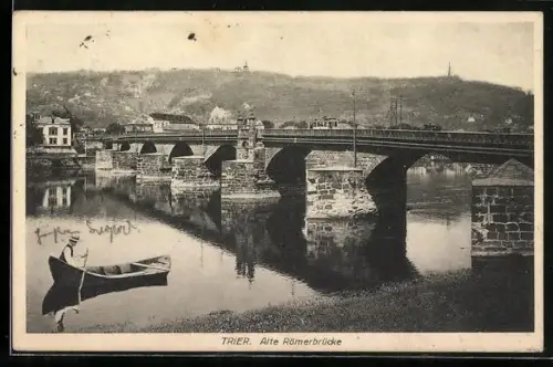 AK Trier, Alte Römerbrücke, Panorama, Boot
