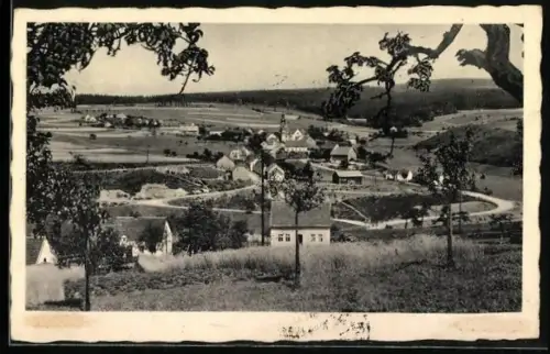 AK Züsch über Hermeskeil, Ortsansicht mit Kirche und umliegender Landschaft