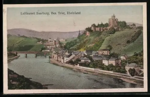 AK Saarburg /Trier, Ort, Burg, Flusspartie mit Brücke