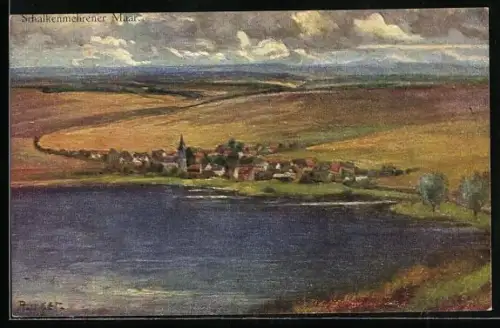 Künstler-AK Schalkenmehren /Eifel, Schalkenmehrener Maar und Ort aus der Vogelschau