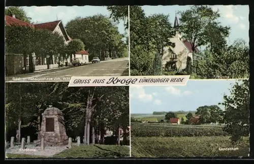AK Kroge / Walsrode, Lüneburger Heide, Gast- u. Pensionhaus Joh. Witt, Kirche, Ehrenmal, Landschaft