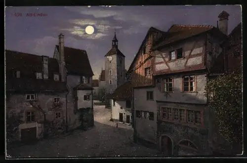 AK Lindau / Bodensee, Alt-Lindau, Ortspartie bei Vollmond, Turm, Fachwerkhäuser