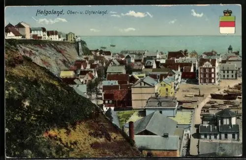 AK Helgoland, Ober- und Unterland, Stadtansicht mit Seeblick, Wappen