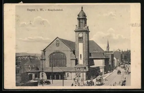 AK Hagen i. W., Hauptbahnhof uns Strassenbahn aus der Vogelschau