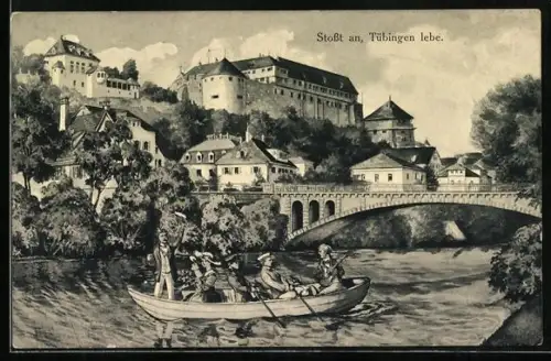 Künstler-AK Tübingen, Schloss, Neckarbrücke, Studenten bei Kahnpartie