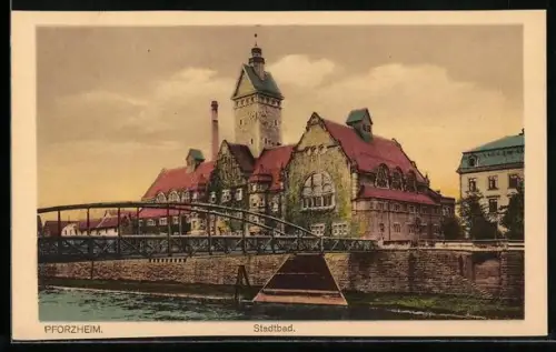 AK Pforzheim, Stadtbad mit Brücke