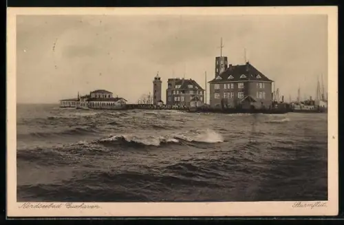 AK Cuxhaven, Leuchtturm u. Pieranlagen vom Wasser aus