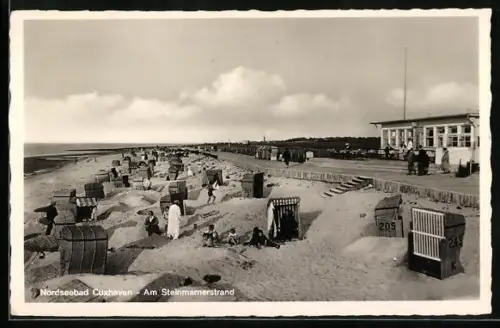 AK Cuxhaven, Am Steinmarnerstrand, Strandkörbe, Strandpromenade, Gebäude