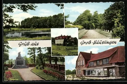 AK Gross Häuslingen, Kaufhaus Gustav Dreifer, Partie am Kolk, Ehrenmal