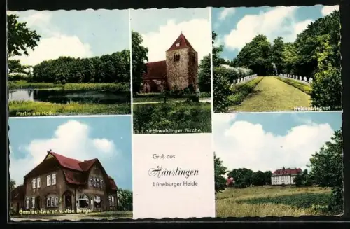 AK Häuslingen /Lüneburger Heide, Geschäft v. Ilse Dreyer, Partie am Kolk, Kirche, Heldenfriedhof