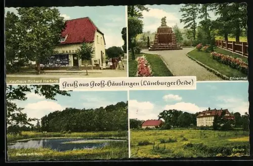 AK Gross-Häuslingen /Lüneburger Heide, Kaufhaus Richard Hartung, Ehrenmal, Schule, Partie am Kolk