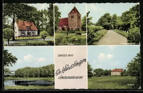 AK Gr. Häuslingen /Lüneburger Heide, Salon Bockelmann, Kirche, Schule