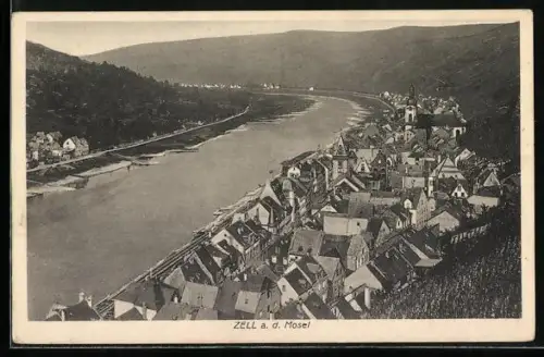 AK Zell a. d. Mosel, Ortsansicht mit Moselpartie