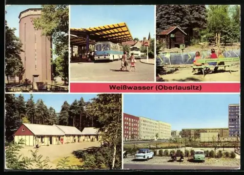 AK Weisswasser /Oberlausitz, Wasserturm, Busbahnhof, Wohnkomplex am Wasserturm