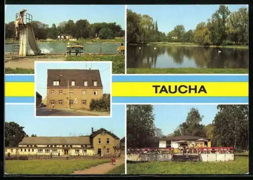 AK Taucha /Leipzig, Stadtbad, Schöppenwiese, HO-Kulturhaus Stadthalle