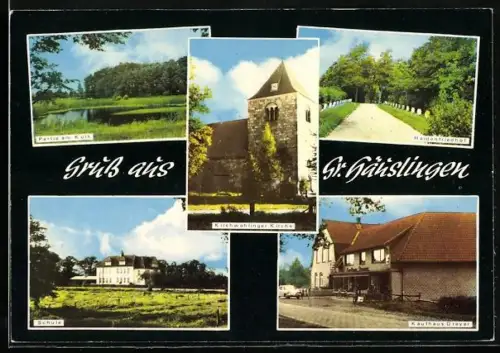 AK Gr. Häuslingen, Kirche, Kaufhaus Dreyer, Schule