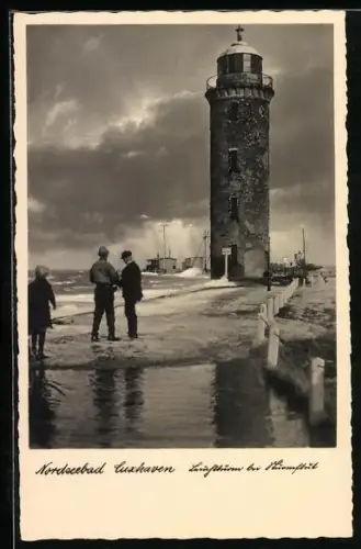 AK Cuxhaven, Leuchtturm bei Sturmflut