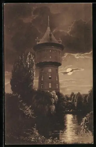 Mondschein-AK Wilhelmshaven, Wasserturm bei Nacht