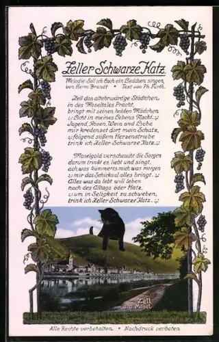 AK Zell a. d. Mosel, Lied Zeller Schwarze Katz, Rahmen aus Weinranken