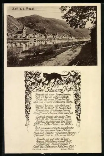 AK Zell a. d. Mosel, Gedicht Zeller Schwarze Katz, Flusspartie im Ort