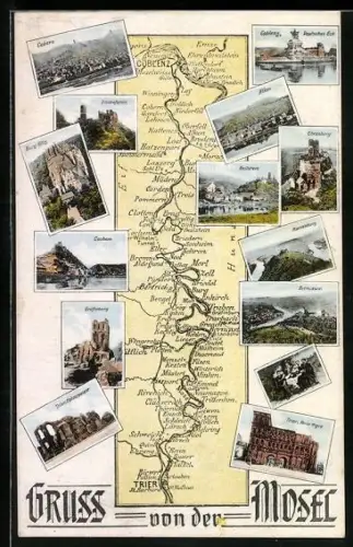 AK Cochem /Mosel, Karte der Mosel mit Coblenz, Trier, Zell, Bertrich