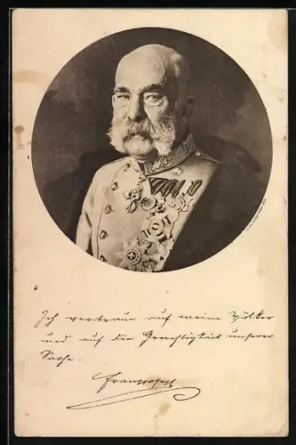 AK Kaiser Franz Josef I. von Österreich präsentiert seine Orden, Spruch