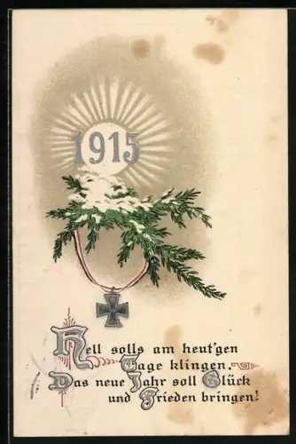 Lithographie Jahreszahl 1915 in Sonne, Schneebedeckter Tannenzweig, Eisernes Kreuz - Neujahrsgruss