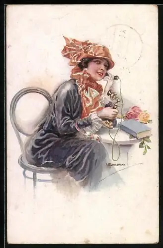 Künstler-AK Luis Usabal: Elegante Dame am Telefon